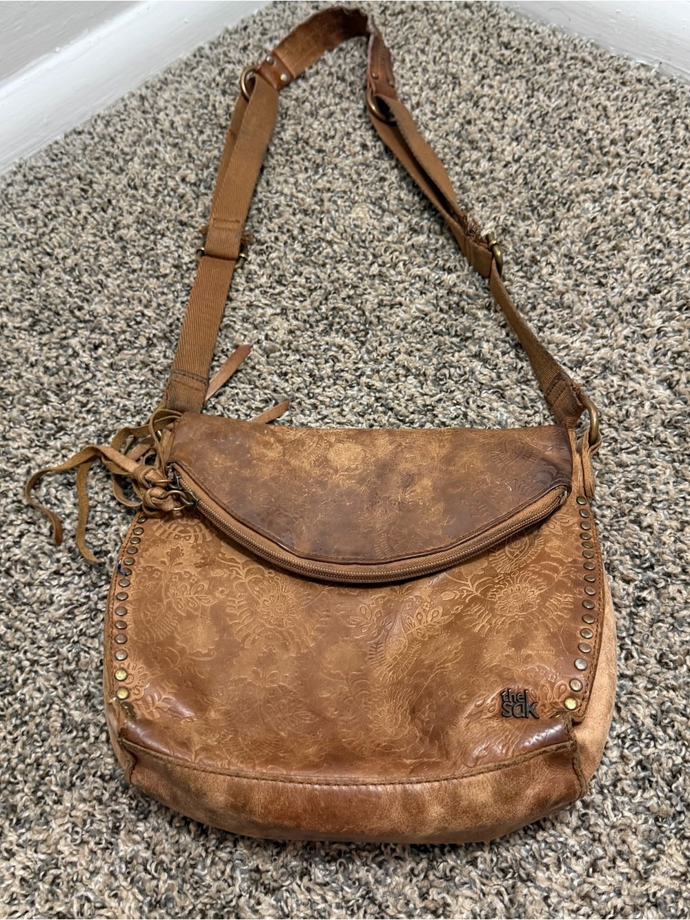 Vintage The Sak Brown Floral Leather Crossbody Bag